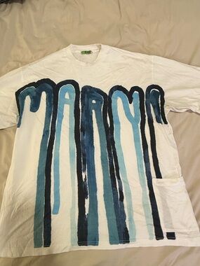 Marni White T-Shirt with Blue Drip Graphic